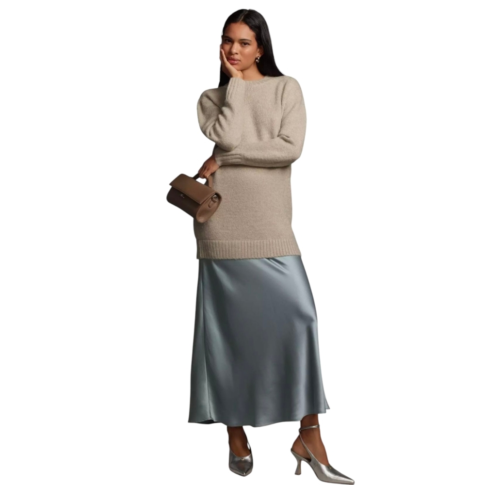 NWT By Anthropologie Twofer Jumper Slip Midi Dress | M | Grey Beige Sweater Top